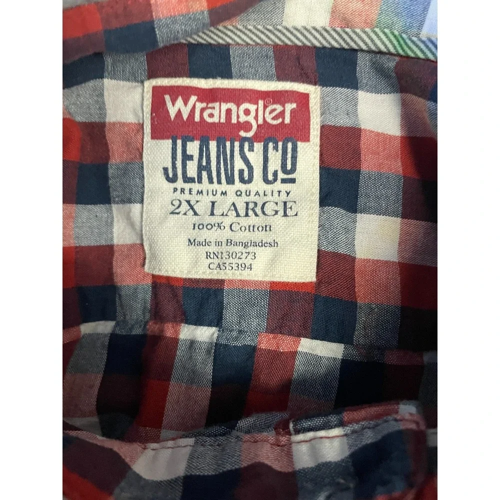Wrangler‎ Jeans Co Red Shirt Mens 2XL Orange Navy Plaid Pearl Snap Western Rodeo